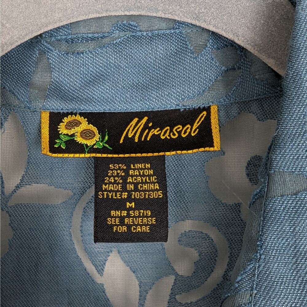 Vintage Mirasol Teal Sheer Floral Cut Out Linen Blend Button Down Blouse Medium - Picture 5 of 7